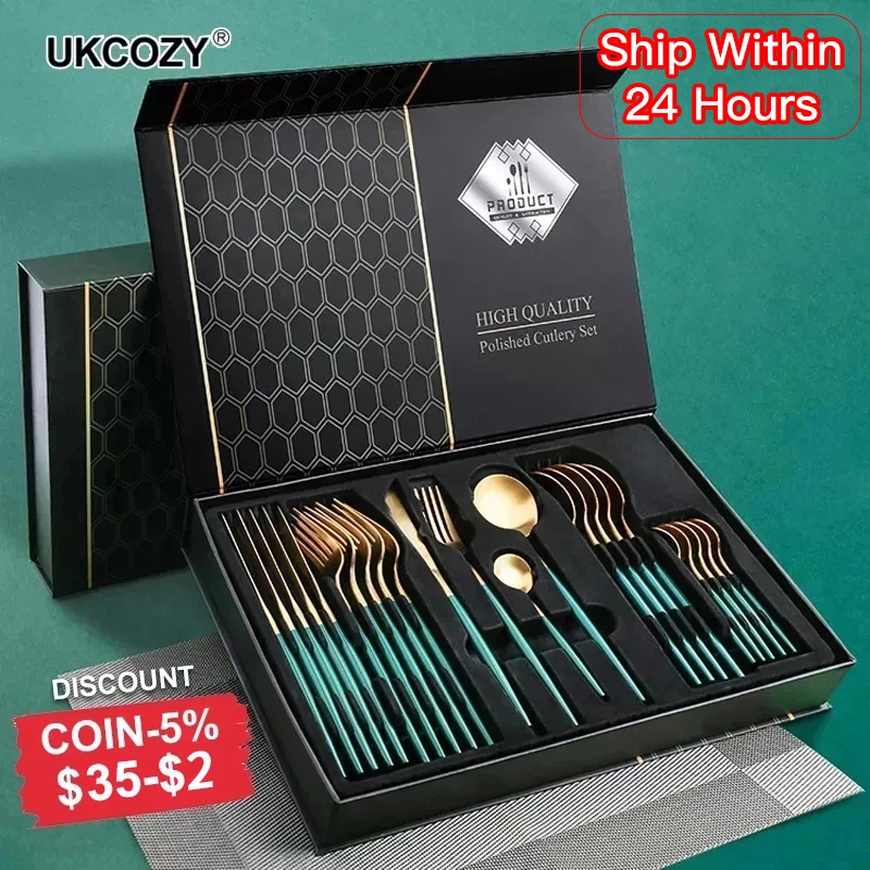 24PcsBlack Handle Golden Cutlery Set Stainless Steel Knife Fork Spoon Tableware Luxury Flatware Festival Kitchen Dinnerware Gift
24PcsBlack Handle Golden Cutlery Set Stainless Steel Knife Fork Spoon Tableware Luxury Flatware Festival Kitchen Dinnerware Gift