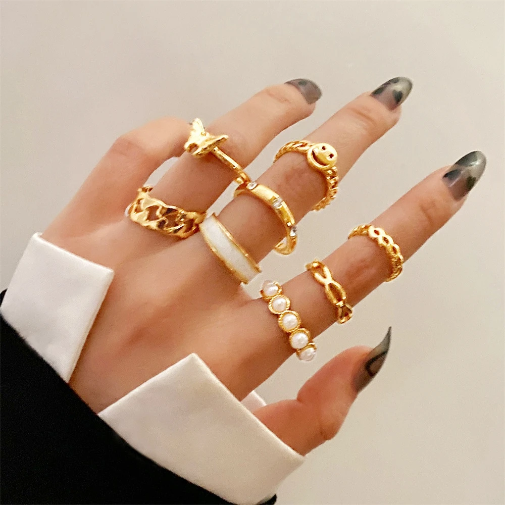 LATS 8PCS Pearl Hollow Butterfly Ring Set for Girl Gold Smiley Opening Women Finger Ring Party Wedding Gifts Fashion Jewelry
LATS 8PCS Pearl Hollow Butterfly Ring Set for Girl Gold Smiley Opening Women Finger Ring Party Wedding Gifts Fashion Jewelry