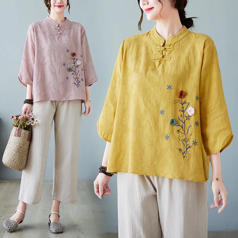 Embroidered Flower Round Neck Middle Sleeve Sleeves T-shirt Women's Cotton and Hemp 2023 Summer New Half Sleeve Shirt Women
Embroidered Flower Round Neck Middle Sleeve Sleeves T-shirt Women's Cotton and Hemp 2023 Summer New Half Sleeve Shirt Women