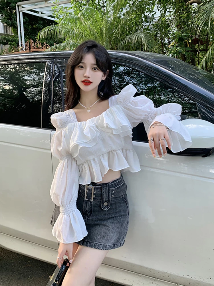 GUUZYUVIZ Женская рубашка с длинными рукавами, модная рубашка с квадратным вырезом и оборками по краям, весна-осень 2023