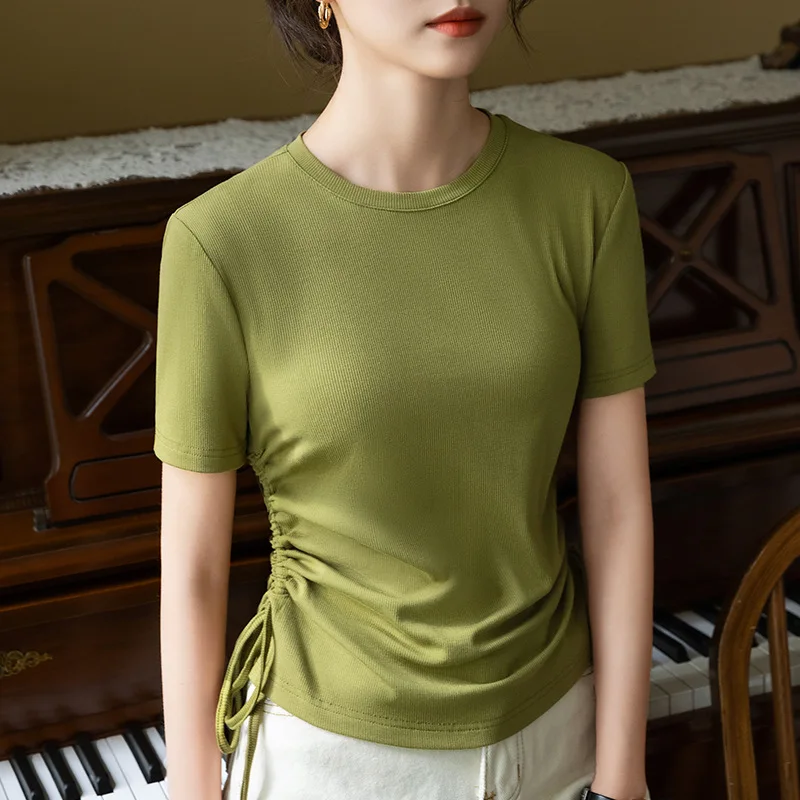 Threaded Short Sleeve T-shirt Women's 2023 Summer New Women's Solid Round Neck Elastic Body Pleated Drawstring Waist Wrap Top
Threaded Short Sleeve T-shirt Women's 2023 Summer New Women's Solid Round Neck Elastic Body Pleated Drawstring Waist Wrap Top