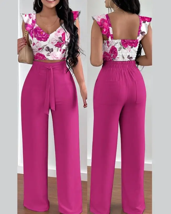 

Элегантный деловой комплект из двух предметов, женский летний комплект с цветочным принтом и оборками на подоле, Дизайнерские повседневные женские брюки с высокой талией