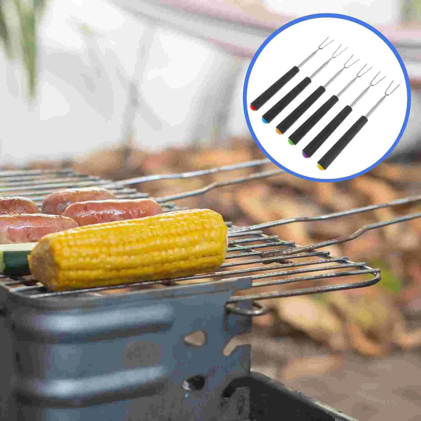 

6 Pcs Telescopic Barbecue Fork Grill Outdoor Kitchen Roasting Skewers Stainless Steel Meat Stick Abs Bbq Grilling