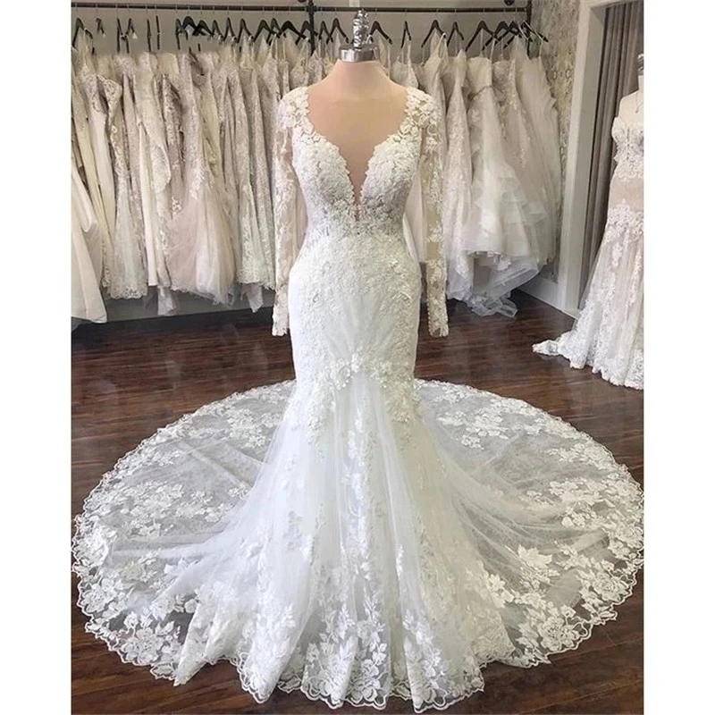 Lace Appliques Mermaid Wedding Dresse Vestido De Noiva Sexy See Through Long Sleeves Formal Bridal Party Dresses
Lace Appliques Mermaid Wedding Dresse Vestido De Noiva Sexy See Through Long Sleeves Formal Bridal Party Dresses