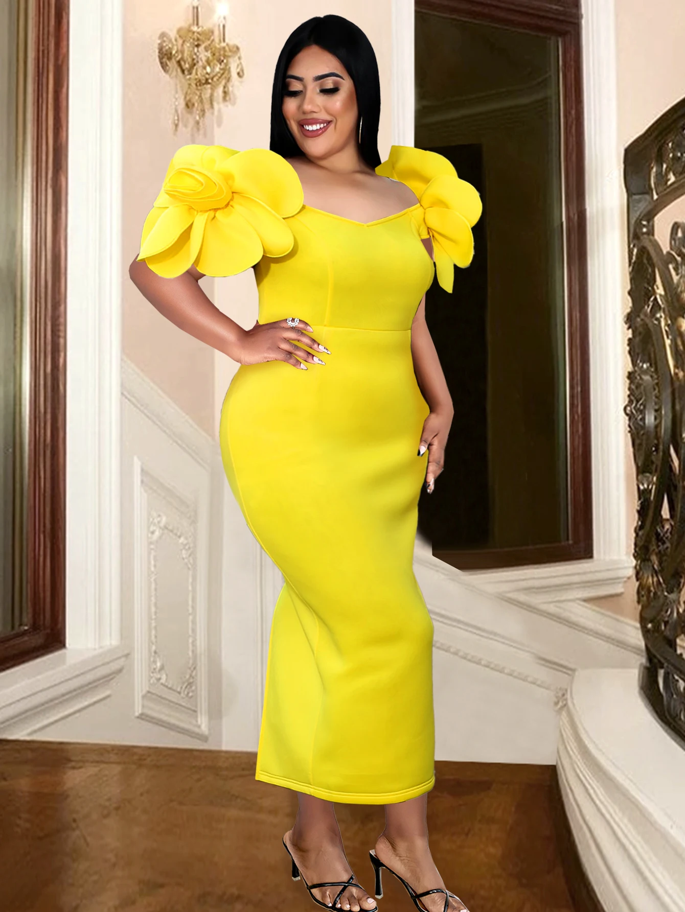 

ONTINVA Sheath Dress Plus Size 3XL 4XL Flower Sleeve Yellow Bodycon Long Prom Midi Evening Cocktail Event Party Gowns for Women