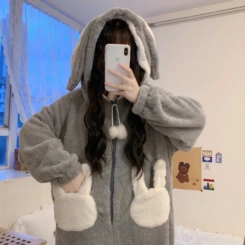 QWEEK Bunny Hooded Onesies Women Kigurumi Pajamas Cute Pijama Winter Warm Sleepwear Kawaii Female Set with Pants Long Sleeve |