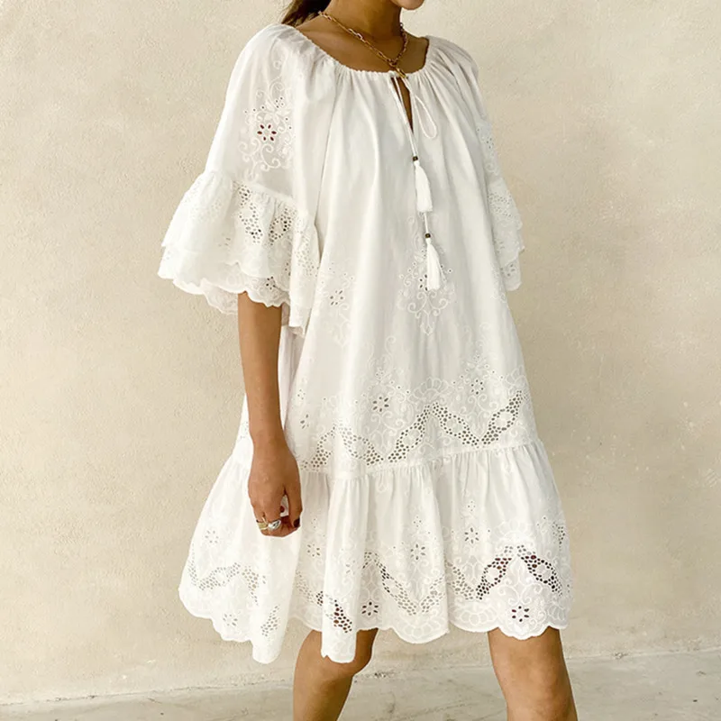 Summer Dress Midi Skirt Cotton Dresses Women Loose White Lace Hollow Out Vestidos Embroidery Pullover Holiday Beach Boho Short
Summer Dress Midi Skirt Cotton Dresses Women Loose White Lace Hollow Out Vestidos Embroidery Pullover Holiday Beach Boho Short