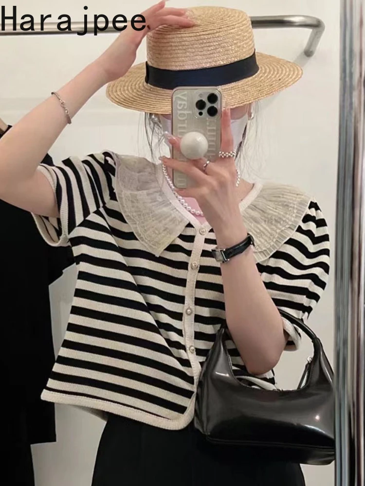 Винтажная полосатая трикотажная рубашка Harajpee с кружевом и отложным воротником, свободные летние новые тонкие однобортные женские топы, шик... 
Винтажная полосатая трикотажная рубашка Harajpee с кружевом и отложным воротником, свободные летние новые тонкие однобортные женские топы, шик...