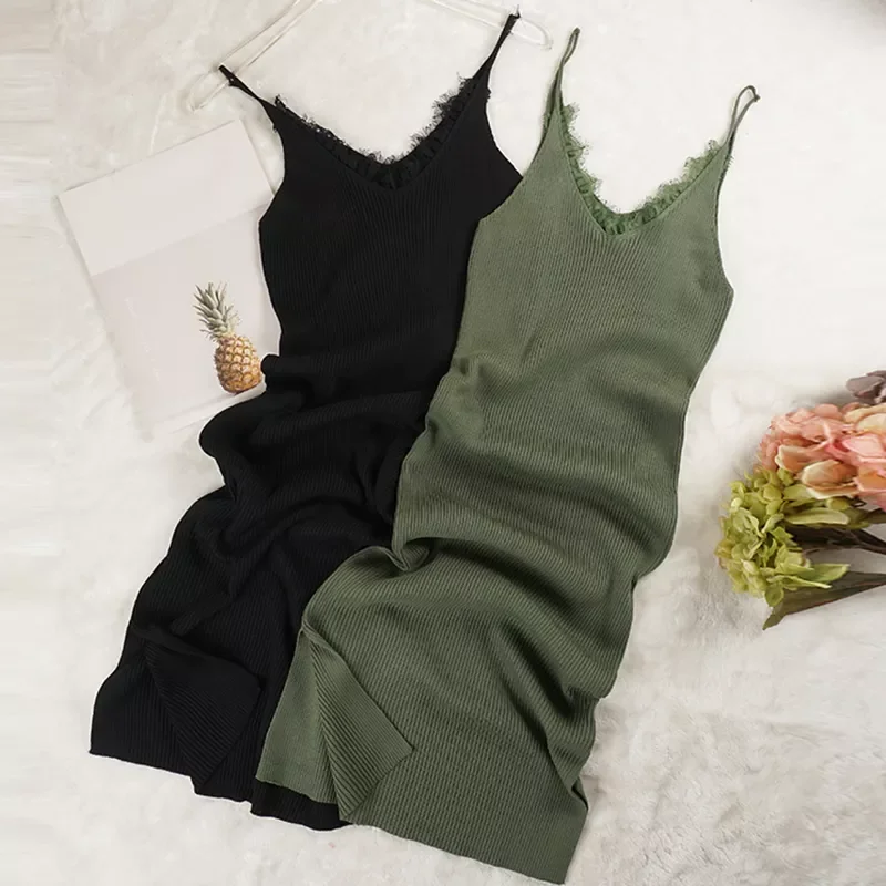 Women Spaghetti Strap Dresses Split V-Neck Lace Patchwork Knitted Dress Ladies Sleeveless Bodycon Tank Dress Vestidos P022
Women Spaghetti Strap Dresses Split V-Neck Lace Patchwork Knitted Dress Ladies Sleeveless Bodycon Tank Dress Vestidos P022