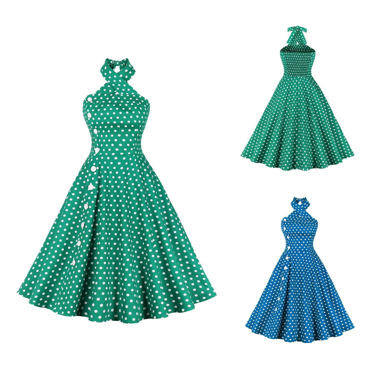 

2023 Women Vintage Halterneck Flare Dress Polka Dot Rockabilly Cocktail Party Elegant Swing Dress 1950s 40s Swing Summer Dress