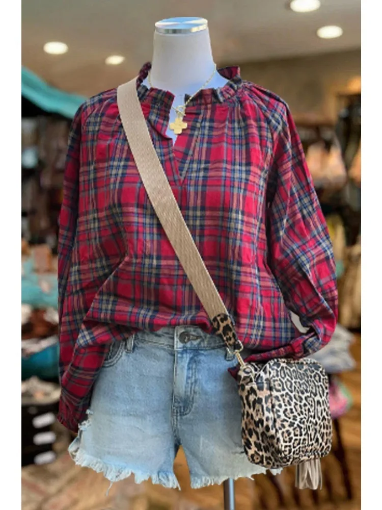 Elegant Puff Sleeve Check Print Ruffle Top Cartoon Stripe Pleated Blouse Casual V Neck Tops Long-sleeved Plaid Blouse Women
Elegant Puff Sleeve Check Print Ruffle Top Cartoon Stripe Pleated Blouse Casual V Neck Tops Long-sleeved Plaid Blouse Women