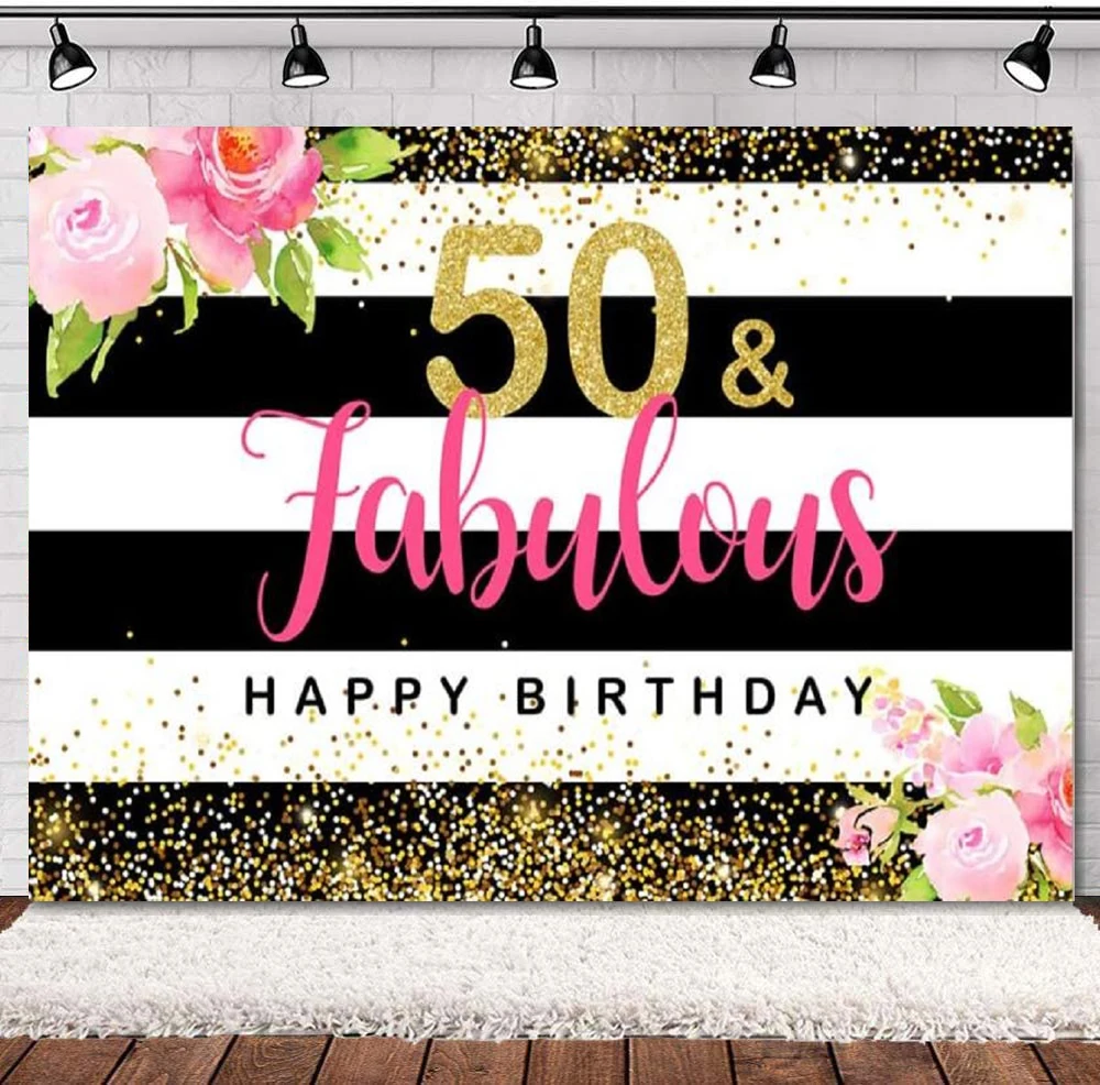50th Birthday Party Photography Backdrop Women Flowers Gold Photo Background Banner Poster Golden Dots Black And White Stripes
50th Birthday Party Photography Backdrop Women Flowers Gold Photo Background Banner Poster Golden Dots Black And White Stripes