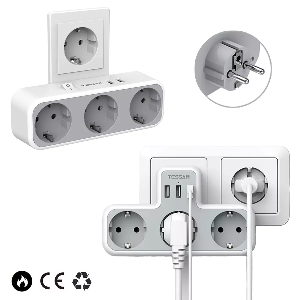 TESSAN USB Plug Power Strip, Three Thief Plugs & 3 USB Ports (2.4A) EU Multiple Plug Adapter Compatible with Phone, Tablet,
TESSAN USB Plug Power Strip, Three Thief Plugs & 3 USB Ports (2.4A) EU Multiple Plug Adapter Compatible with Phone, Tablet,