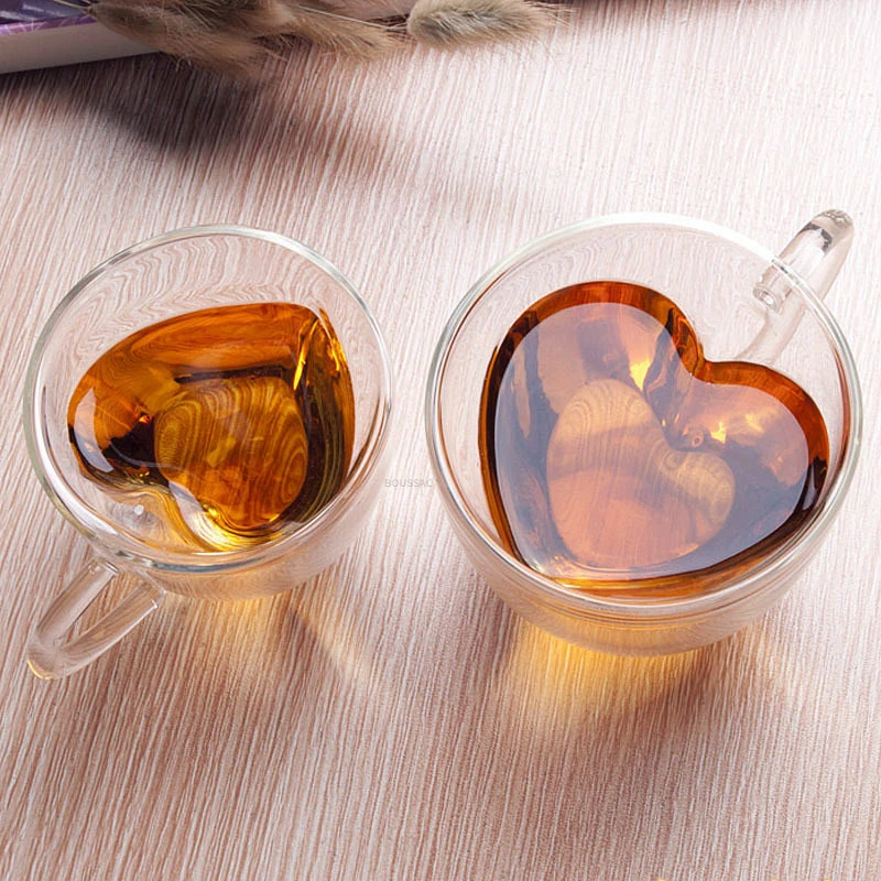 

Стеклянная кружка в форме сердца с двойными стенками, кофейные кружки, изолированная чашка для чая, молока, лимона, сока, воды, термостойкая ...