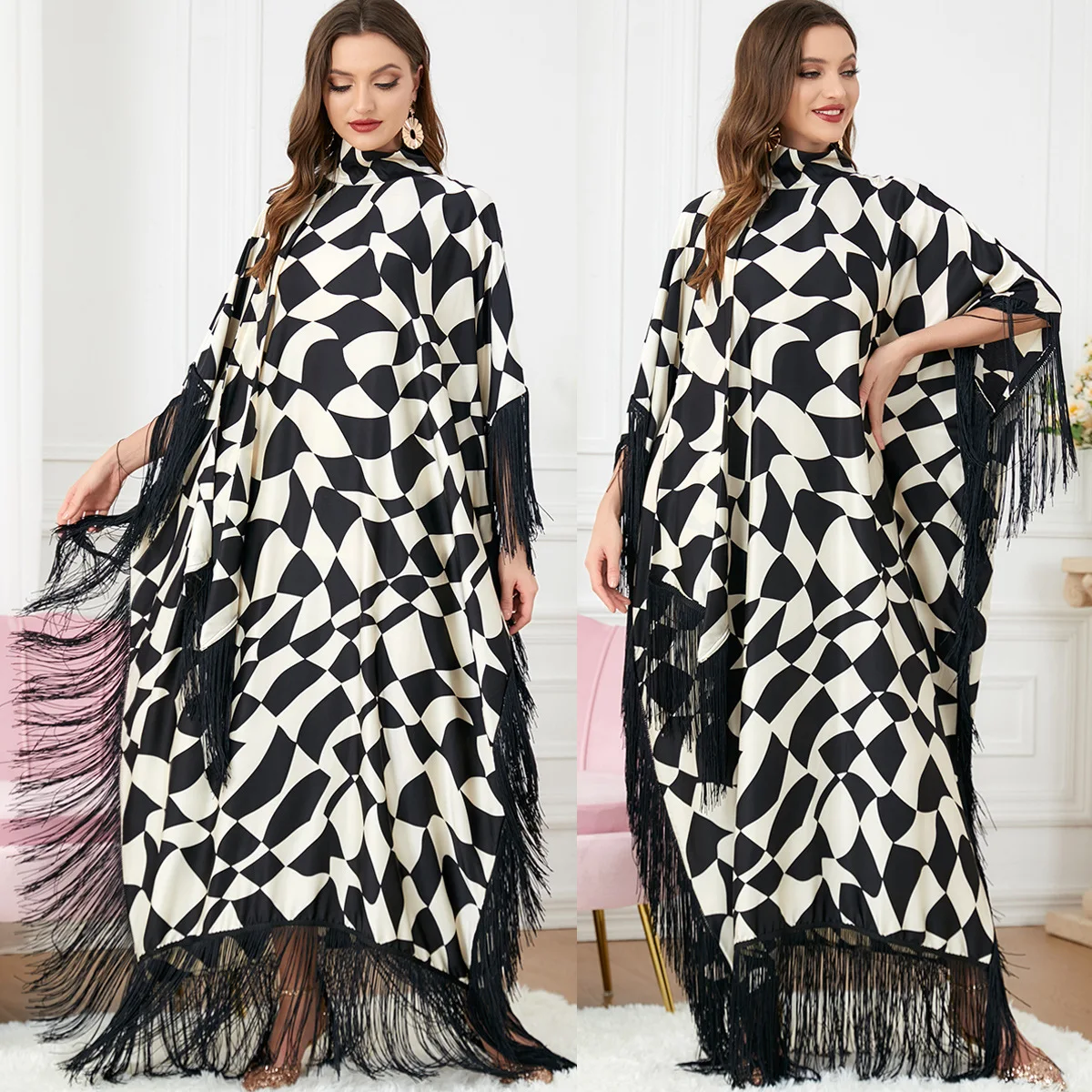 

Abaya Muslim Women Fashion Tassel Zebra Print Batwing Sleeve Black Abaya Caftan Marocain Turkey Dress Islam Ramadan