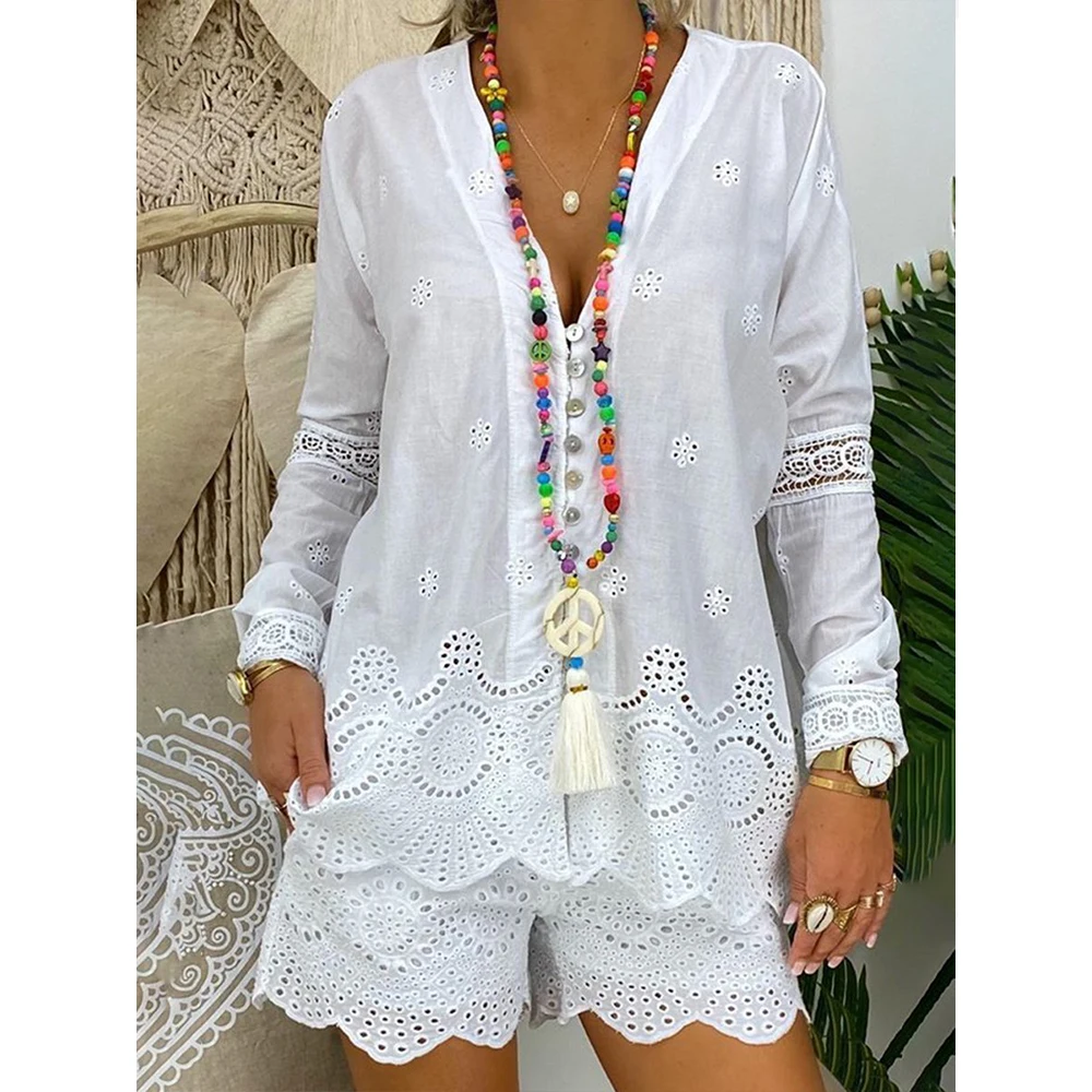 White Casual Short Set Women Loose Outfits Summer V-Neck Long Sleeve Tops Elegant Drawstring Shorts Two Piece Set Button Shirt
White Casual Short Set Women Loose Outfits Summer V-Neck Long Sleeve Tops Elegant Drawstring Shorts Two Piece Set Button Shirt