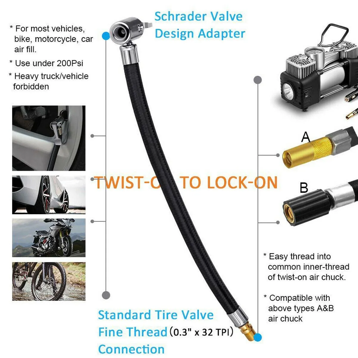 All Metal Construction Portable Tire Inflator Chuck Adapter For Bike Motorcycle Car Air Fill Premium Tire Inflator Hose Adapter
All Metal Construction Portable Tire Inflator Chuck Adapter For Bike Motorcycle Car Air Fill Premium Tire Inflator Hose Adapter