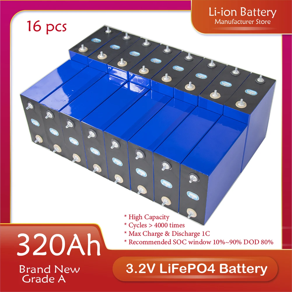 16pcs 3.2V 310Ah Grade A Lifepo4 Battery RV 320Ah 48V Battery Pack RV and Solar Energy Storage System EU US Tax Free
16pcs 3.2V 310Ah Grade A Lifepo4 Battery RV 320Ah 48V Battery Pack RV and Solar Energy Storage System EU US Tax Free