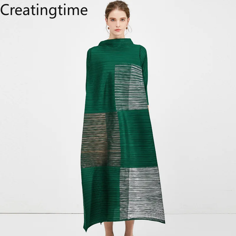 Creatingtime 2022 Spring New Fashion Women Stand Collar Bronzing Pleated Printing Patchwork Loose High Waist A-line Dress GA487 
Creatingtime 2022 Spring New Fashion Women Stand Collar Bronzing Pleated Printing Patchwork Loose High Waist A-line Dress GA487