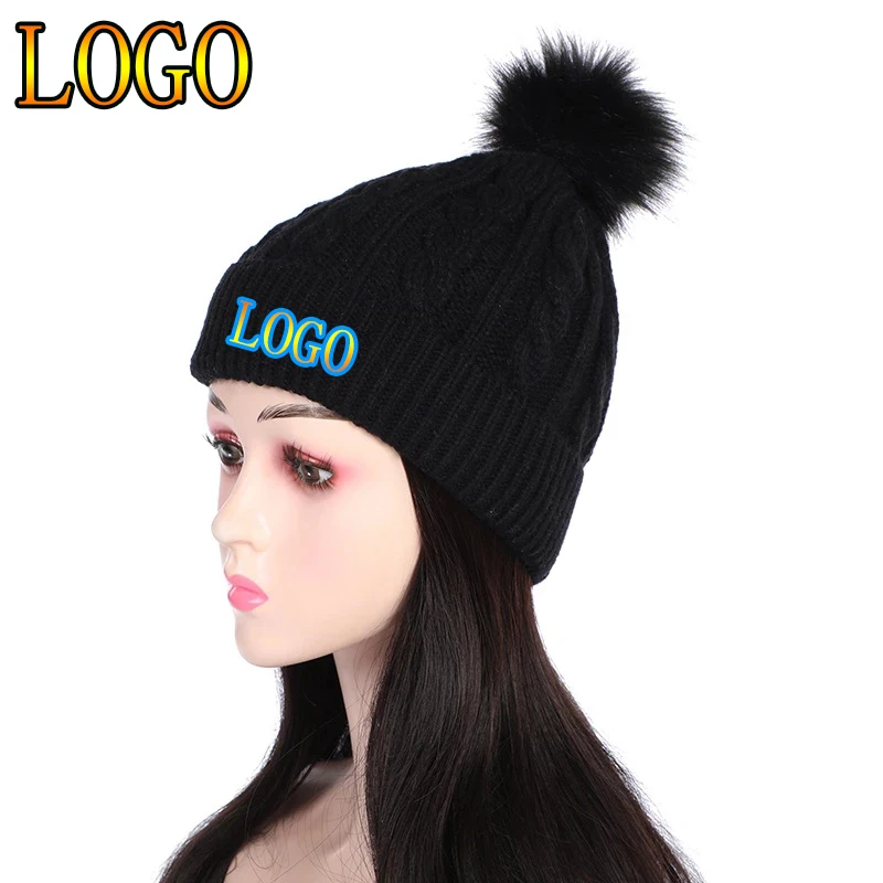 

New Custom Logo for Women Personality Wild Female Fur Pom Poms Hats Fashion Winter Warm Beanie Hat Hop Skullies Knit Ski Cap