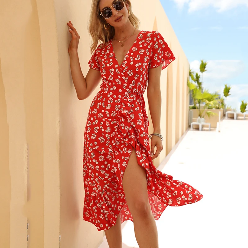 Summer Boho Print Chiffon Midi Dress For Women V Neck Short Sleeve Beach Dresses High Waist Slim Lace Up Sexy Split Ruffle Dress
Summer Boho Print Chiffon Midi Dress For Women V Neck Short Sleeve Beach Dresses High Waist Slim Lace Up Sexy Split Ruffle Dress
