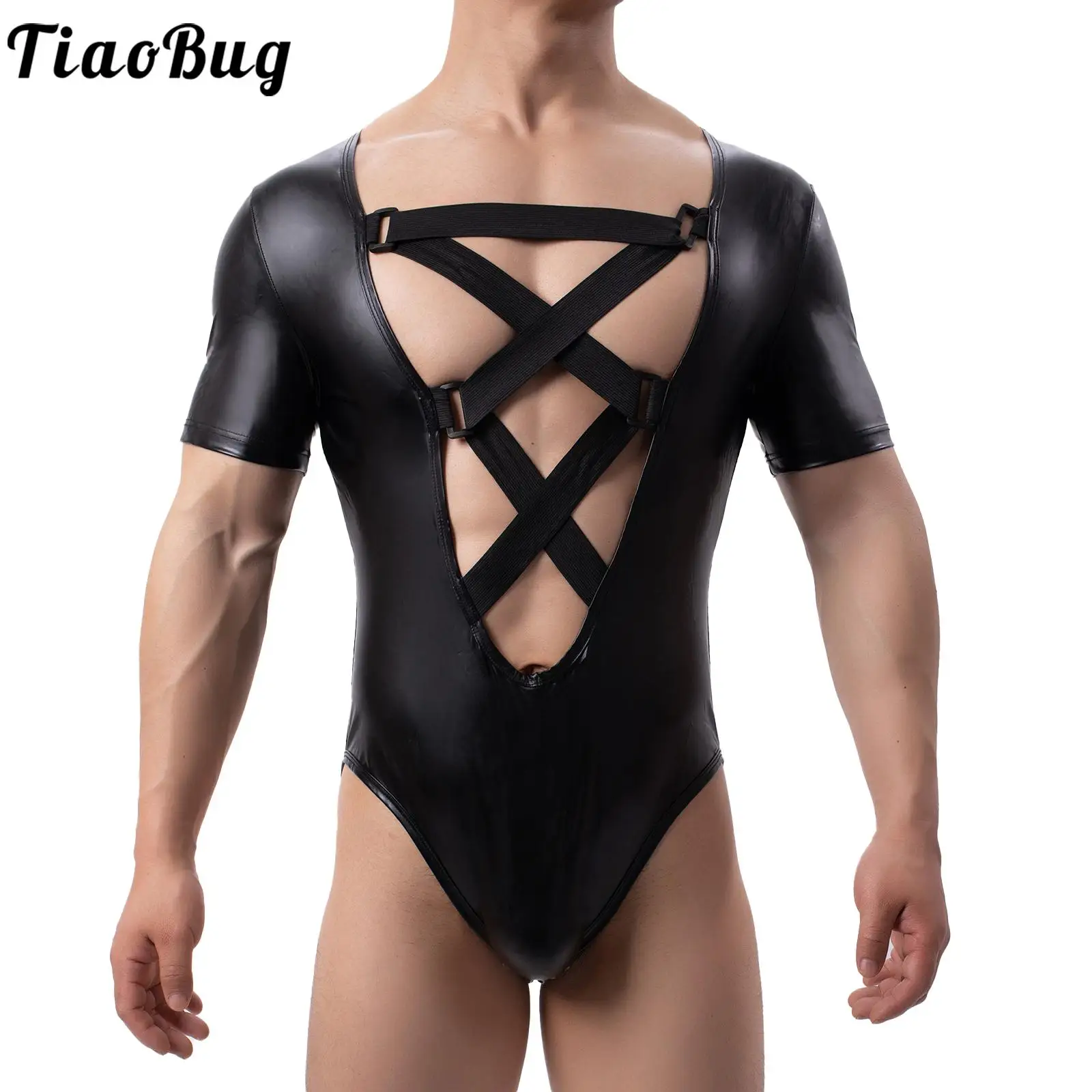 

Mens Crisscross Strappy Plunging Neckline Bodysuit Short Sleeve Faux Leather Leotard Patchwork Sexy Jumpsuit Bodysuit