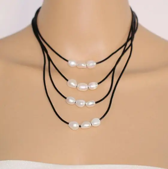 

Ожерелье из жемчуга АА уникального дизайна, 4 ряда, черная кожа, белый пресноводный жемчуг, ювелирные изделия ручной работы, классический подарок на свадьбу, день рождения для женщин