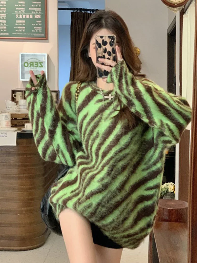 Women's Clothes Sweater Loose Korean Fashion Leisure Green Crew Neck Tiger Stripes Pullover Long Sleeves Knitting Autumn Tops
Women's Clothes Sweater Loose Korean Fashion Leisure Green Crew Neck Tiger Stripes Pullover Long Sleeves Knitting Autumn Tops