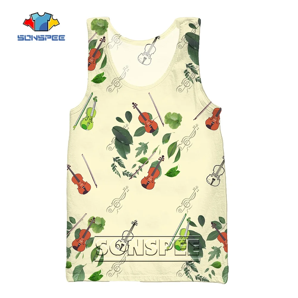 

SONSPEE 2022 Leaf Musical Instrument Violin Fun Graphic Print Trend Design All-match Vest Casual Gym Fitness Sports Tank Top