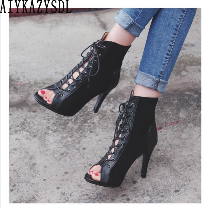 

AIYKAZYSDL Women Suede Leather Ankle Boots Summer Bootie Cross Strap Peep Toe Boots Cut Out Shoes High Heel Gladiator Rome Boots
