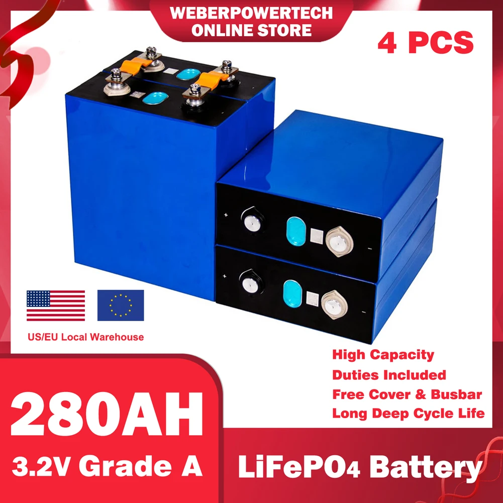 Grade A 3.2V 280Ah LiFePO4 Battery DIY 12V 24V 48V 280AH Rechargeable Battery Pack for RV Boat Golf Cart Solar Storage System
Grade A 3.2V 280Ah LiFePO4 Battery DIY 12V 24V 48V 280AH Rechargeable Battery Pack for RV Boat Golf Cart Solar Storage System