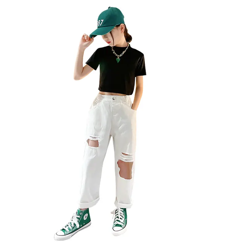Girls Summer T-shirt Crop Top+White Jeans with Broken Hole Fashion Design Casual Teenage Kids All-Match Children's Clothing Sets
Girls Summer T-shirt Crop Top+White Jeans with Broken Hole Fashion Design Casual Teenage Kids All-Match Children's Clothing Sets