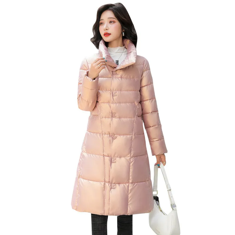 

Модное блестящее хлопковое пальто средней длины для женщин, зима 2021, новая Корейская версия, облегающий пуховик трапециевидного силуэта с в...