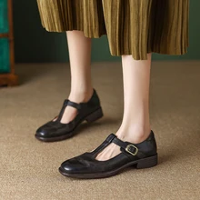 Women Flats Cowhide Mary Janes French Style Women Basic Shoes With Buckle Real Leather Comfort Flats On Low Heel Round Toe