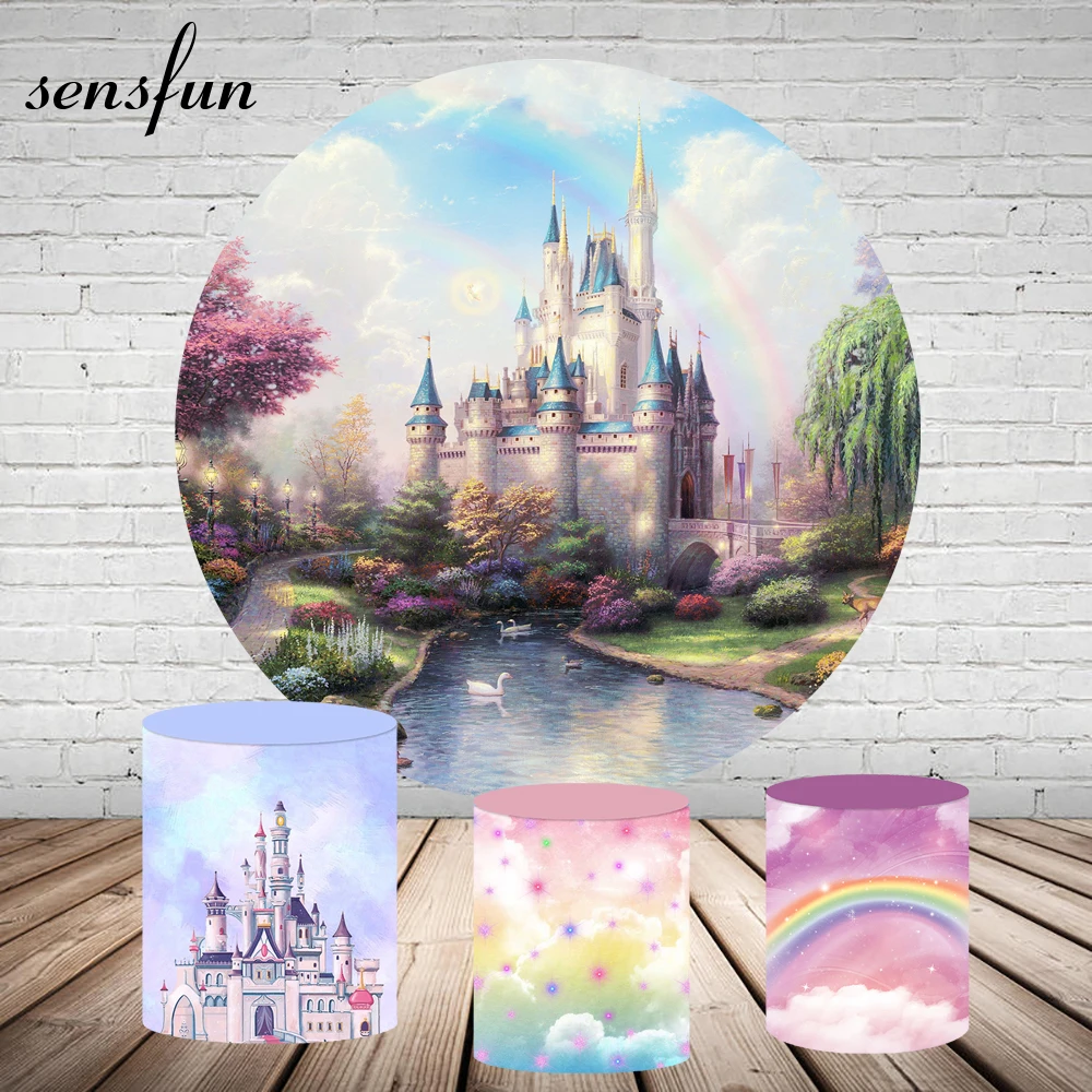 

Fairy Princess Castle Round Backdrop Princess Girls Newborn Baby Shower 1st Birthday Party Circle Background Plinth Covers