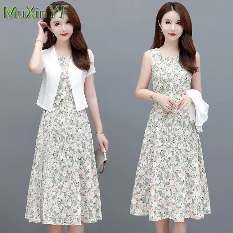 Women's Summer Floral Chiffon Dress Set 2022 Korean Elegant Scarf Midi Skirt 2 Piece Female Sun Protection Clothing Dresses Suit
Women's Summer Floral Chiffon Dress Set 2022 Korean Elegant Scarf Midi Skirt 2 Piece Female Sun Protection Clothing Dresses Suit