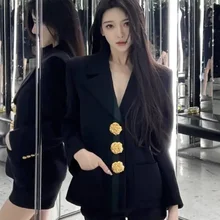 LKSK Spring and Autumn Black Suit Coat Womens New Small Fragrance Coat Top Button Slim Fit Advanced Suit Womens Clothing