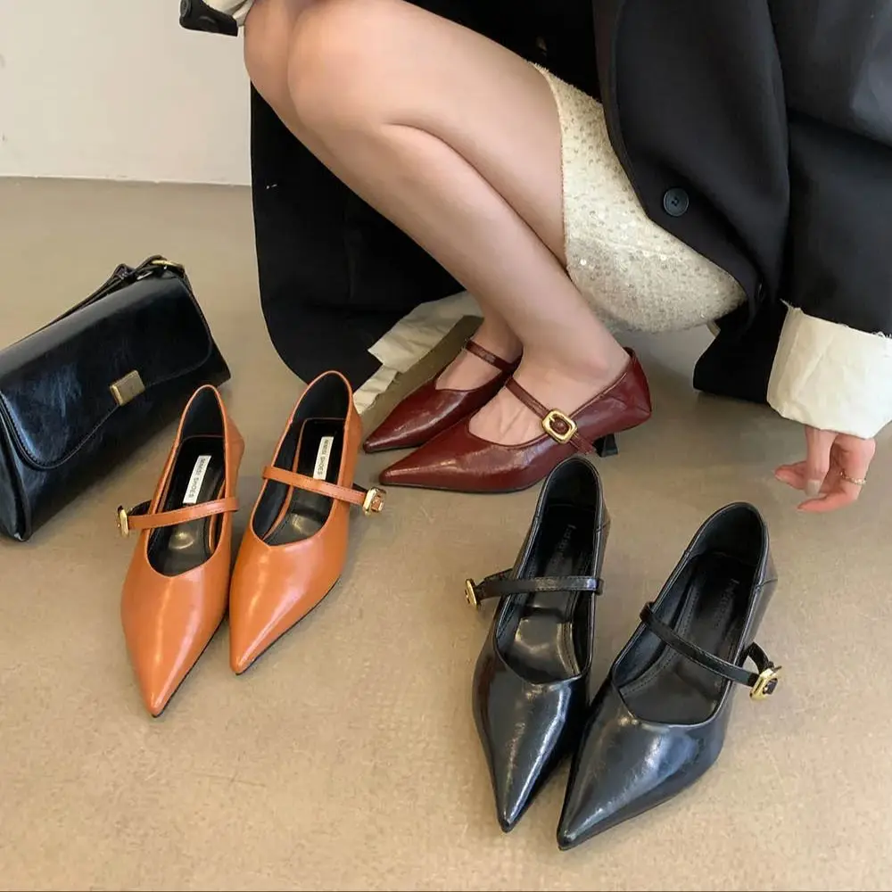 

Женские туфли с острым носком, черные, коричневые, красные туфли-лодочки на среднем тонком каблуке, без застежки, Размеры 35-39, для работы, 2024