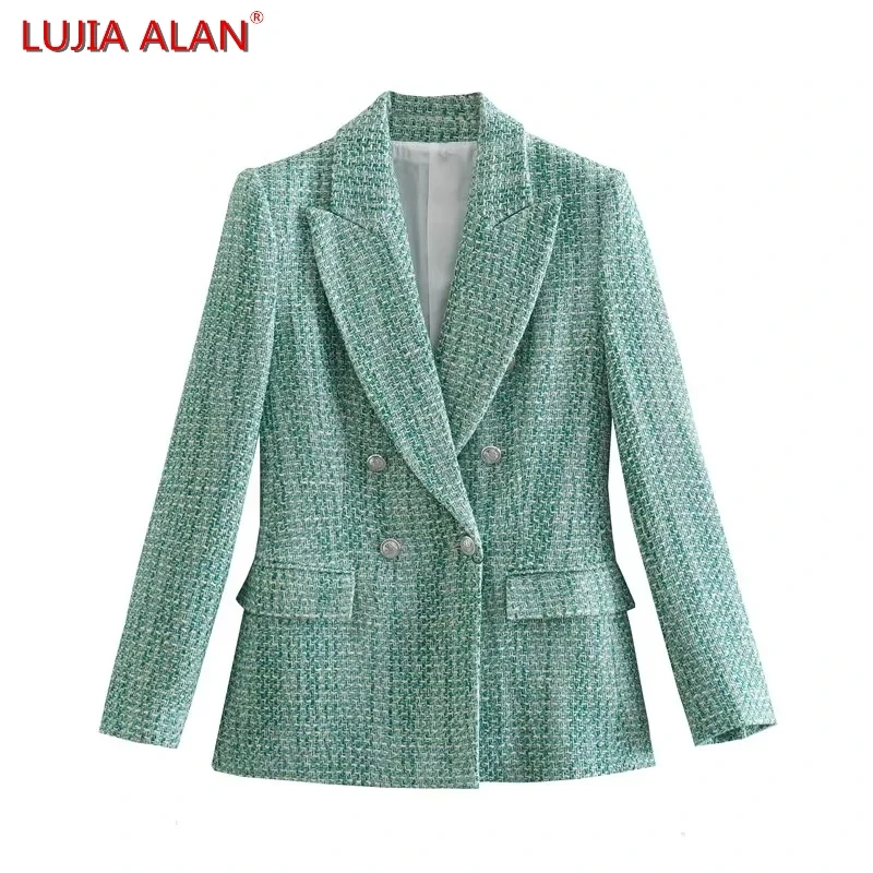 

Summer New Women's Double Breasted Casual Woolen Suit Flap Pockets Coat Female Long Sleeve Clothing Loose Tops LUJIA ALAN C1831
