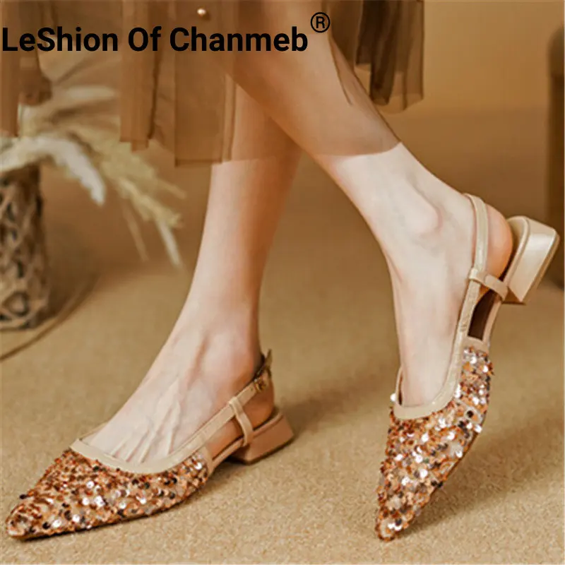 

LeShion Of Chanmeb Women Champagne Color Sequine Cloth Shoe Real Leather Strap Slingback Buckle Flats Woman Spring Summer Sandal