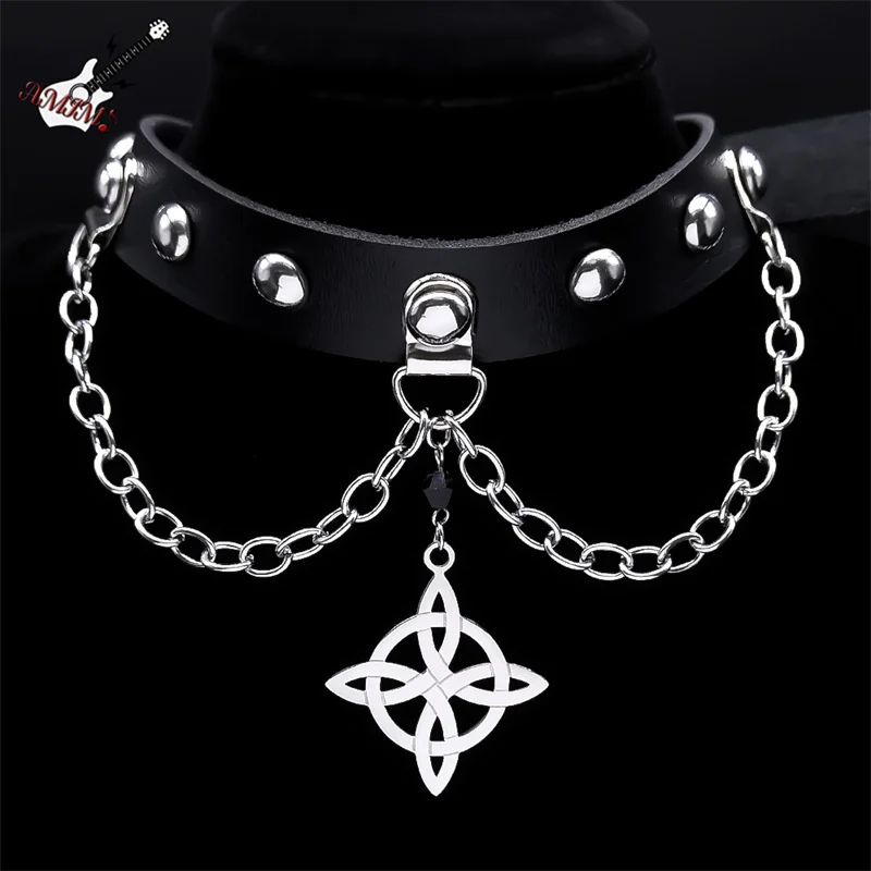 Witch Knot Pendant Necklace Gothic PU Leather Chain Silver Color Necklace Harajuku Goth Vintage Choker Jewelry gargantilha
Witch Knot Pendant Necklace Gothic PU Leather Chain Silver Color Necklace Harajuku Goth Vintage Choker Jewelry gargantilha