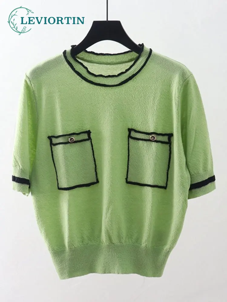 Vintage Elegant Women Knitted Pullover Tee Summer Short Sleeve O-neck Pockets Tops Korean Fashion Ladies Jumpers Femme B-132
Vintage Elegant Women Knitted Pullover Tee Summer Short Sleeve O-neck Pockets Tops Korean Fashion Ladies Jumpers Femme B-132