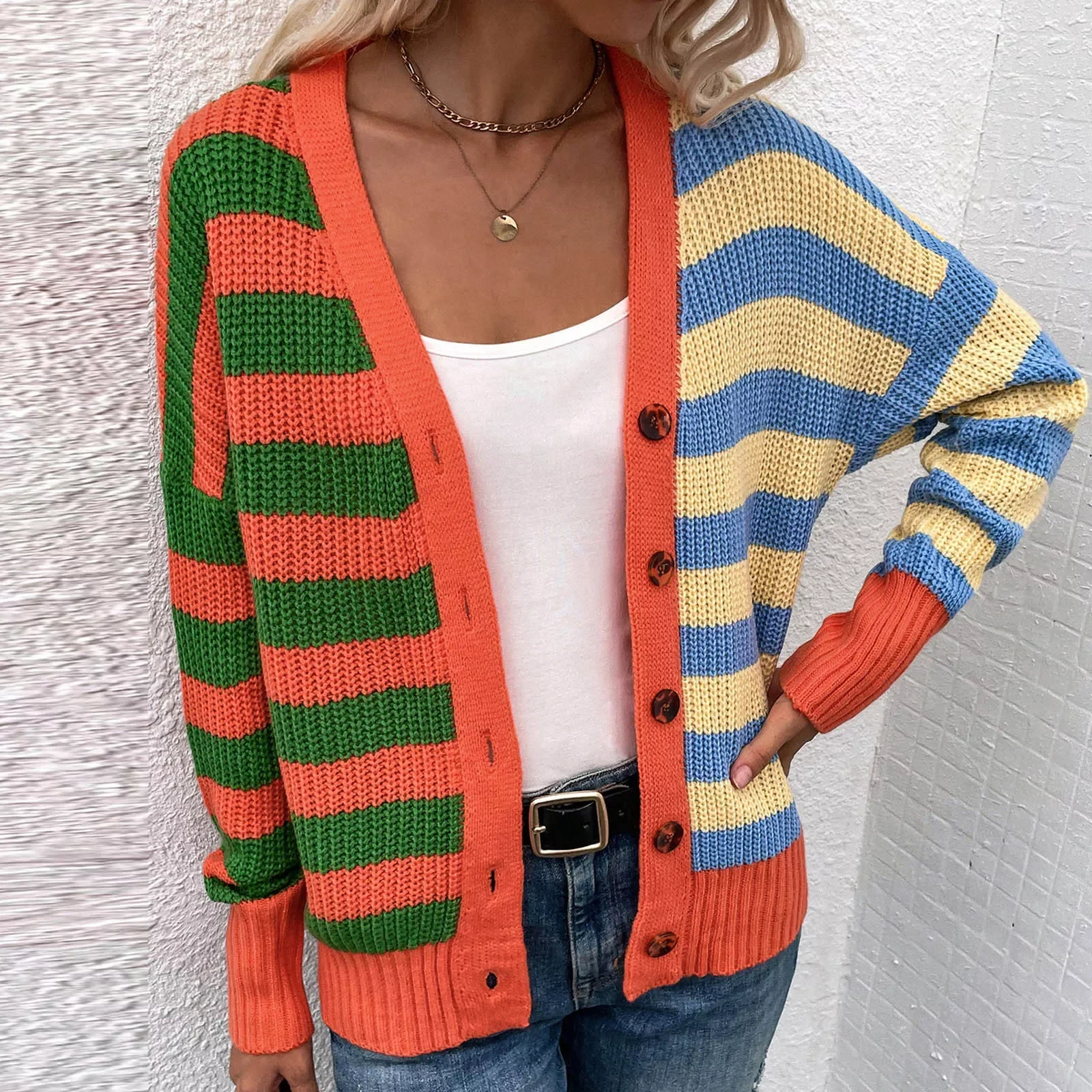 Women Striped Sweater Patchwork Contrast Color Jacquard Knitted Cardigan Lady Autumn Loose Lazy Single-breasted Knitted Jacket
Women Striped Sweater Patchwork Contrast Color Jacquard Knitted Cardigan Lady Autumn Loose Lazy Single-breasted Knitted Jacket