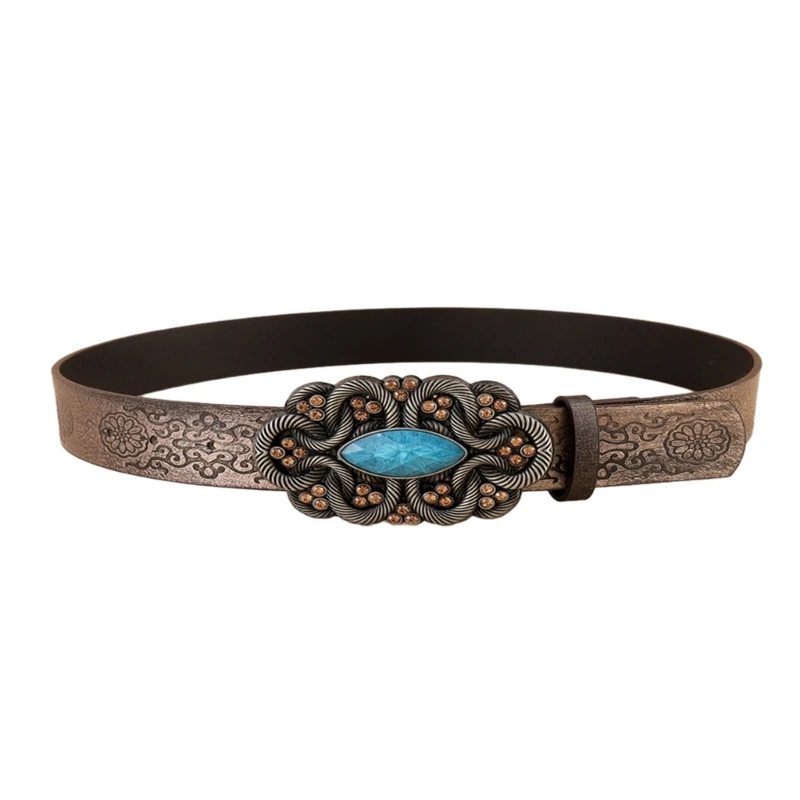 

L93F Turquoise Embossed Buckle Belt for Women Ethnic Jeans Belt Western Pants Belt for Costume Dress Up Casual Waistband