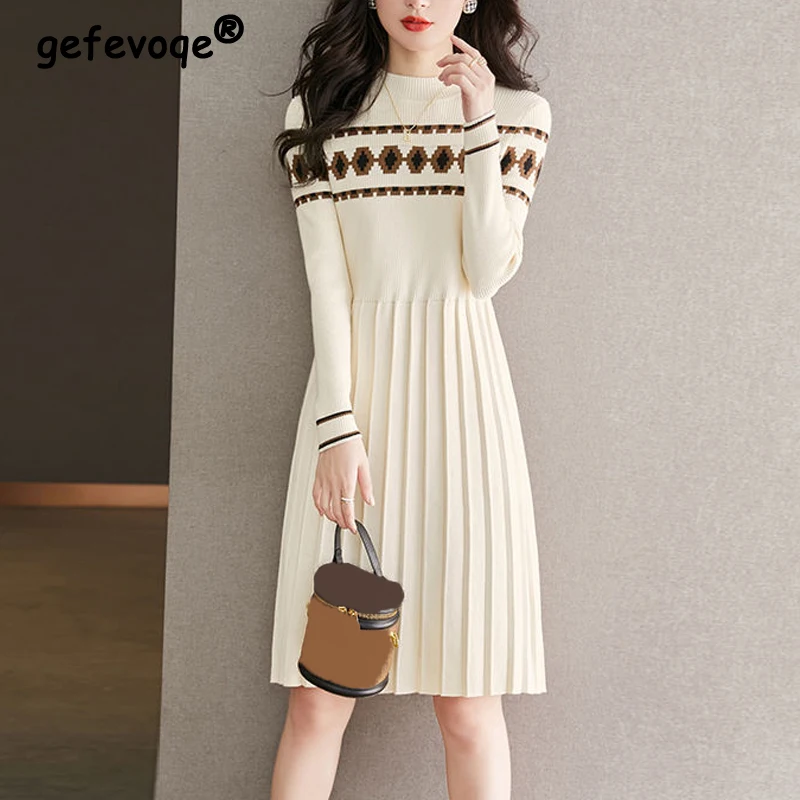 Vintage Print Sweet Elegant All Match Basic Knitted Sweater Dresses for Women Autumn Winter Long Sleeve Slim Pleated Midi Dress
Vintage Print Sweet Elegant All Match Basic Knitted Sweater Dresses for Women Autumn Winter Long Sleeve Slim Pleated Midi Dress