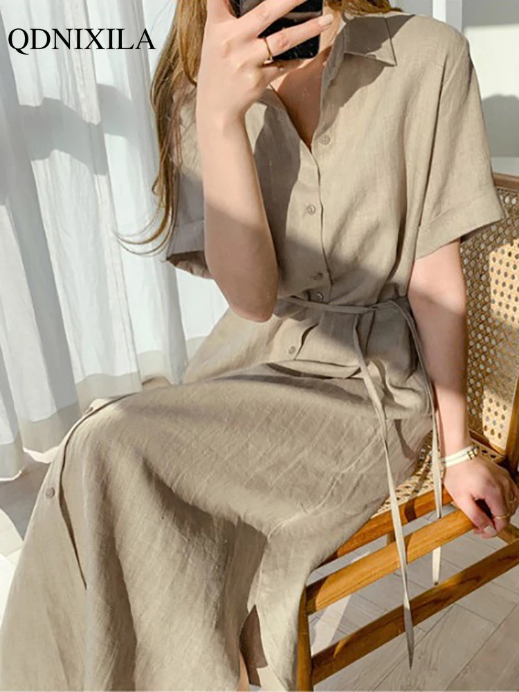 2022 Summer Cotton and Linen Korean Women's Dress Casual Vintage Loose Lace Waist Single-breasted Short Sleeve Midi Long Dresses
2022 Summer Cotton and Linen Korean Women's Dress Casual Vintage Loose Lace Waist Single-breasted Short Sleeve Midi Long Dresses
