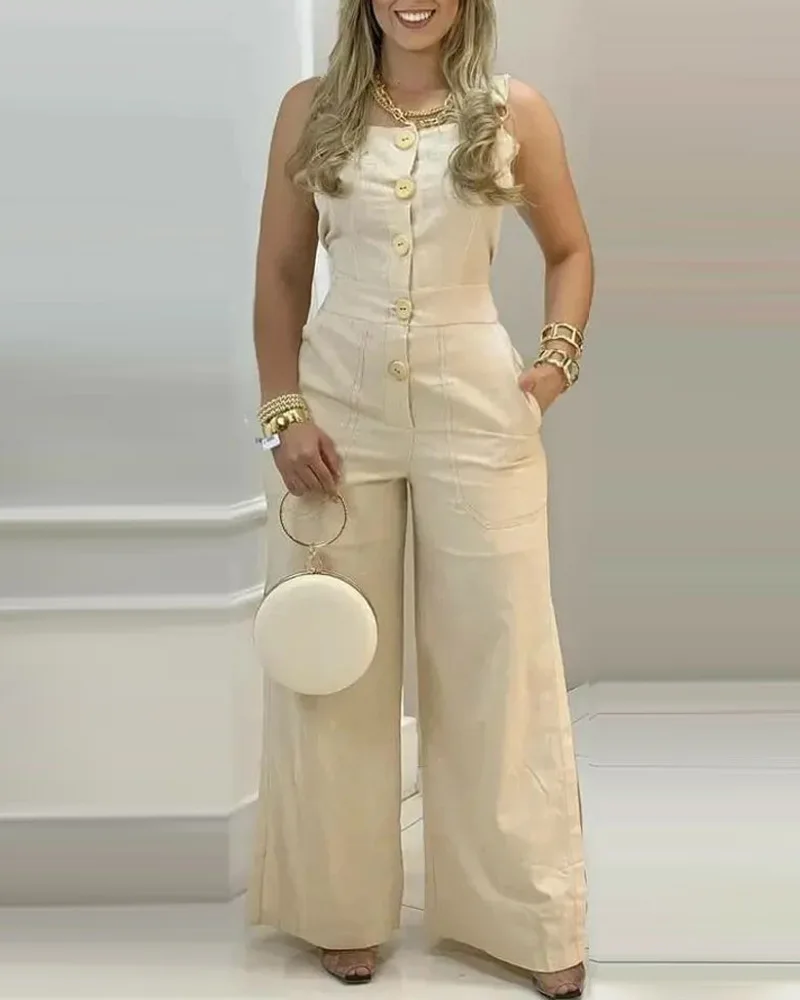 Wide Leg Buttoned Suspender Jumpsuit Chic Fashion Summer Daily Square Neck Sleeveless Form-fitting High Style Woman
Wide Leg Buttoned Suspender Jumpsuit Chic Fashion Summer Daily Square Neck Sleeveless Form-fitting High Style Woman