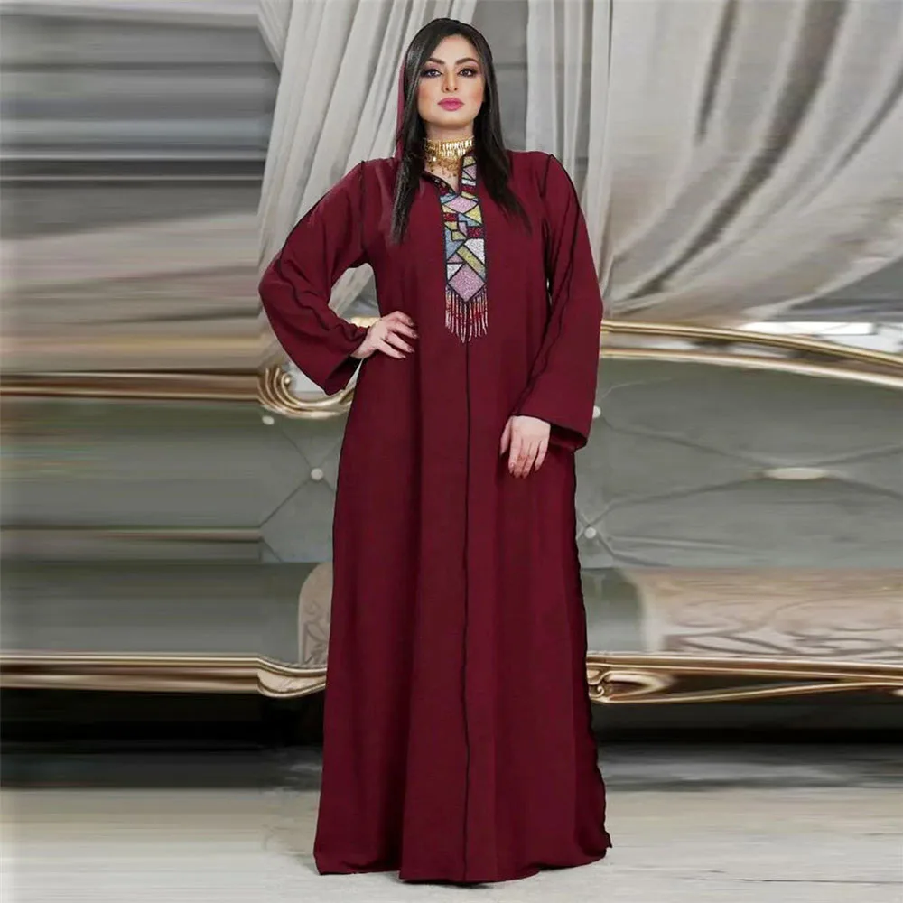 

2023 Morocco Kaftan Hooded Eid Ramadan Abaya Tassel Beaded Maxi Dress Women Muslim Party Gown African Modest Robe Gulf Jalabiya