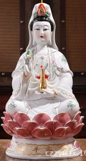 

Buddhist Buddha Statue Guanyin Statue Ceramic Crafts Porcelain Full Color Sitting Lotus Guanyin Buddha Statue White Porcelain
