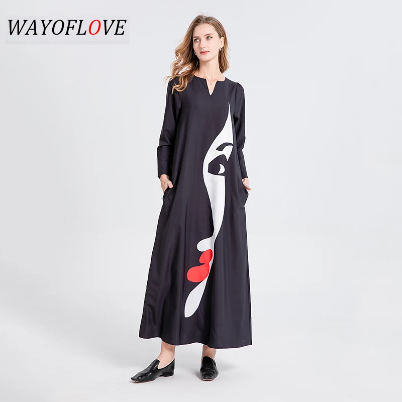 WAYOFLOVE Ladies Autumn Winter Black Long Dress Women long Sleeve V-neck Zipper Face Print Elegant Dresses Party Boho Maxi Dress
WAYOFLOVE Ladies Autumn Winter Black Long Dress Women long Sleeve V-neck Zipper Face Print Elegant Dresses Party Boho Maxi Dress